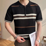 AIDASE  -  Summer Striped Knitted Shirt for Men, Business Casual Short Sleeve POLO, Half-Zip Breathable T-Shirt.Stretchable aidase-shop