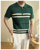 AIDASE  -  Summer Striped Knitted Shirt for Men, Business Casual Short Sleeve POLO, Half-Zip Breathable T-Shirt.Stretchable aidase-shop