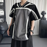 AIDASE  -  Grid Patchwork Men's T-shirt Contrast Color Shoulder Padded Round Neck Short Sleeve Design Sports V-neck Tees Tide 21E6624 aidase-shop
