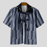 AIDASE  -  Men Shirt Striped Patchwork Lapel Short Sleeve Lace Up Men Clothing Summer Loose Streetwear Fashion Casual Tops Men aidase-shop