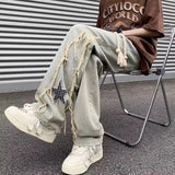 Aidase  High Street Design Star Patch Denim Jeans for Men American Vibe Trendy Brand Street Bombing Washed and Worn Wide Leg Pants For
