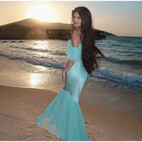 AIDASE  -  Solid Satin Patchwork Fishtail Maxi Dress Women Sexy V Neck Short Sleeved Backless Dresses 2025 Summer New Beach Holiday Vestido aidase-shop