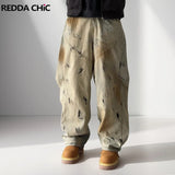 Aidase 2000s Distressed Wide Leg Jeans Men's Trousers Y2k Vintage Dirty Washed Pleated Barrel Denim Pants Hip Hop Streetwear