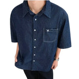 AIDASE  -  Dark Blue Denim Shirt Men and Women Japanese Vintage City Boy Oversized Loose Casual Summer Lapel Buttons Shirt Top aidase-shop