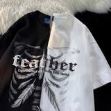 AIDASE  -  Punk Kpop Cotton Short-sleeved T-shirt Men Summer New Hong Kong Style Letter Feather Print High-end Trendy Loose Top aidase-shop