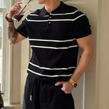 AIDASE  -  Daily Leisure Mens Slim Polo Shirts Knitted Short Sleeve Buttoned Turn-down Collar Polo Shirt Summer Casual Striped Knitting Top aidase-shop