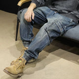 Aidase Fashion Vintage Men Jeans Spring Autumn Multiple Pockets Cargo Pants Oversized  Loose Ankle Binding Denim Trousers Streetwear