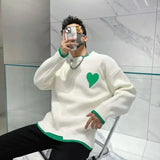 Aidase White Heart Knit Sweater Male Round Collar Graphic Men's Clothing Crewneck Green Pullovers Tops Trend Maletry Fashion X Old