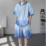 AIDASE  -  Fashion Men's Sets Simple Gradient Color Tie Dyeing Design Short Sleeve Hooded T-shirt Casual Shorts Tide Men Suit 21E6724