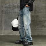 AIDASE  -  American New Fashion Men's Washed Blue Solid Color Casual Trendy Wide Leg Straight Loose Spliced Denim Cargo Trousers Male Pants aidase-shop