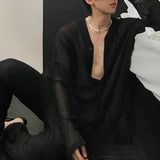 AIDASE  -  Men Shirt Hollow Out See Through V Neck Long Sleeve Men Clothing Streetwear Solid 2025 Loose Tops Casual Male Shirts
