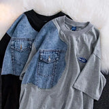 Aidase Vintage Personalized Design Denim Patchwork Short Sleeved T-shirt for Men and Women Fashion Couples Loose Casual Hip-hop Top aidase-shop