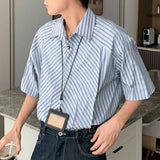 AIDASE  -  Men Shirt Striped Patchwork Lapel Short Sleeve Button Men Clothing Streetwear Korean Style Loose Fashion Casual Tops Men aidase-shop