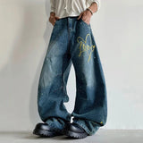 AIDASE  -  American Style Men Jeans Embroidered Letter Ink Splash Decoration Wide Leg Loose Denim Pants Summer New Fashion aidase-shop