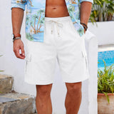 AIDASE  -  Men's Cotton Linen Cargo Shorts Elastic Waist With Drawstring 6 Pockets Summer Vacation Casual Men's Stretch Shorts aidase-shop