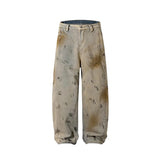 Aidase 2000s Distressed Wide Leg Jeans Men's Trousers Y2k Vintage Dirty Washed Pleated Barrel Denim Pants Hip Hop Streetwear