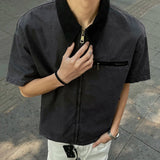 AIDASE  -  New Stylish Men's Shirt Short Sleeve Lapel Patchwork Collar Male Zipper Shirts Washed Summer Men Clothing Loose Fit aidase-shop