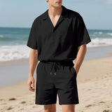 AIDASE  -  Summer Daily Casual Mens Two Pieces Sets Short Sleeve Button-up Lapel Shirt And Shorts Beach Outfits Men Solid Color Suits aidase-shop