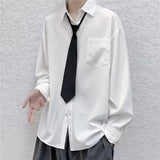Aidase White Solid Shirts With Tie Men's Oversize Long Sleeve Casual Cardigan Fashion Spring Autumn Blouses Unisex Daily All-match Tops
