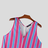 AIDASE  -  Men Jumpsuits Striped V Neck Sleeveless Casual Male Rompers Streetwear Loose Vacation Summer Fashion Male Overalls S-5XL aidase-shop