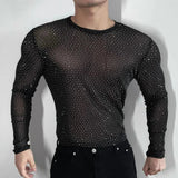 AIDASE  -  Men's Diamond Mesh Solid Color Long-Sleeved T-Shirt Sexy American Fashion Trend Casual Slim Breathable Niche Summer Men's Tops
