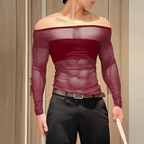 AIDASE  -  Men Off Shoulder Mesh Long Sleeve T Shirt See Through Slim Fit Muscle Tee Nightclub Party Stretch Bodycon Top aidase-shop