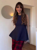 AIDASE  -  Ruffle Top Pant Sets Women Elegant Dark Blue O-neck Sleeveless Top High Waist Wide Leg Pants Female Suit 2025 Chic Lady Outfits aidase-shop
