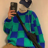Winter Korean Fashion Mens Pullovers Checkerboard Plaid Sweater Thick Warm Cashmere Sweater Men Luxury Patchwork Pull Homme aidase-shop