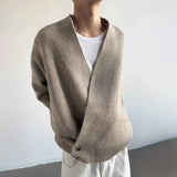 Aidase  American High Street Fashion Solid Color Sweater Jacket Autumn And Winter Irregular Oblique Button V-Neck Cardigan Sweater Men