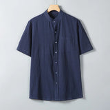 AIDASE  -  Summer Short Sleeve Cotton Linen Shirts Men Solid Casual Stand Collar Shirt Male Breathable Loose Daily Blouse Tops Plus Size aidase-shop