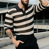 AIDASE  -  Men Shirt Striped Patchwork See Through Lapel Half Sleeve Hollow Out Male Shirts Streetwear Tops Fashion Men Clothing aidase-shop