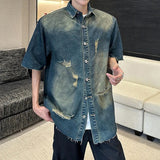 AIDASE  -  Ripped Hole Men's Denim Shirt American Style Summer Handsome Short Sleeved Lapel Single-breasted Casual Men Jacket aidase-shop