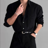 AIDASE  -  Vintage Men's Striped Textured Shirt Spring Fall New Casual Breathable Long Sleeve Shirts Mens Fashion Turn-down Collar Shirts aidase-shop