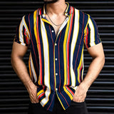 AIDASE  -  Daily Leisure Mens Button Shirts Vintage Short Sleeve Turn-down Collar Shirt Tops Men Spring Summer Casual Striped Print Shirts aidase-shop