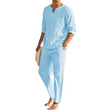 AIDASE  -  Men s Summer Cotton Linen Clothes Solid Color Long Sleeve Henley Shirt Elastic Waist Drawstring Pants 2 Pieces Loungewear Set aidase-shop