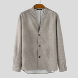 AIDASE  -  Men Shirt Striped V Neck Long Sleeve Button Casual Men Clothing Streetwear Loose Korean Style Tops Fashion Male Shirts aidase-shop