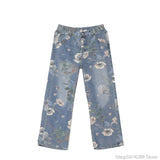 Aidase  Mens Fashion Floral Printed Jeans Korean Style Autumn Denim Pants High Street Loose Trousers Hip Hop Wide-leg Jean Pants