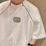 AIDASE  -  American Style Men T-Shirt Padded Shoulder Design Metal Letter Decoration Double Zipper Collar Short Sleeve Tees 21E6164 aidase-shop