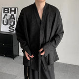 AIDASE  -  Spring New Jacquard Long Sleeved Design Loose Men's Shirt Solid Color V-neck Solid Color Male Tops aidase-shop