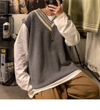 AIDASE  -  Autumn Winter V-neck Knitted Sweater Vest Men Oversized Loose Sleeveless Pullover Tops Men's Korean Warm Sweaters Tank Tops aidase-shop