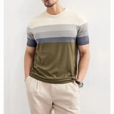Aidase New Summer Light Mature Wind Ice Silk Round Neck Trend Gradient Contrast Stripes Light Luxury Knit Short Sleeve T-shirt