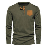 AIDASE  -  Spring and Autumn New Men's Three Button Corduroy Henry Long Sleeved T-shirt Round Neck Slim Fit aidase-shop