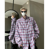 Aidase Men Shirt Plaid Tie-dye Long Sleeve Mens Casual Loose Shirt Autumn High Quality Oversized Male Checked Shirt Red/Blue/Gray