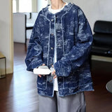 AIDASE  -  Trendy Men Denim Jacket American Style Fashion Full Print Jacquard Design Raw Edge Long Sleeve Round Neck Coats 21E7627 aidase-shop