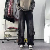 AIDASE  -  American high street trendy brand youthful and fashionable versatile straight retro old washing splicing design streamer jeans aidase-shop