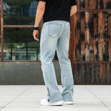 AIDASE  -  Men Light Blue Solid Color Casual Simple Daily Trendy Floor Length Flared Denim Trousers American Style Four Seasons Jeans Pants aidase-shop