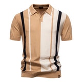 AIDASE  -  Spring Summer New Casual Mens Slim Polo Shirts Vintage Buttoned Lapel Short Sleeve Knit Polos Men Clothes Stylish Striped Polos aidase-shop