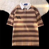 AIDASE  -  Vintage Hong Kong Style Striped Shirt Preppy Polo Collar Short Sleeved T-shirt Men Women Japan Letter Flocking Casual Lapel Top aidase-shop
