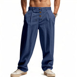 AIDASE  -  Men's High Waist Linen Wide Leg Pants with Button Detail Elastic Drawstring Casual Trousers for Men aidase-shop
