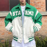 AIDASE  -  American Patchwork Lapel Baseball Coats Men's Green Blue Single Breasted Denim Jacket Campus Couples Retro Loose Street Outwear aidase-shop